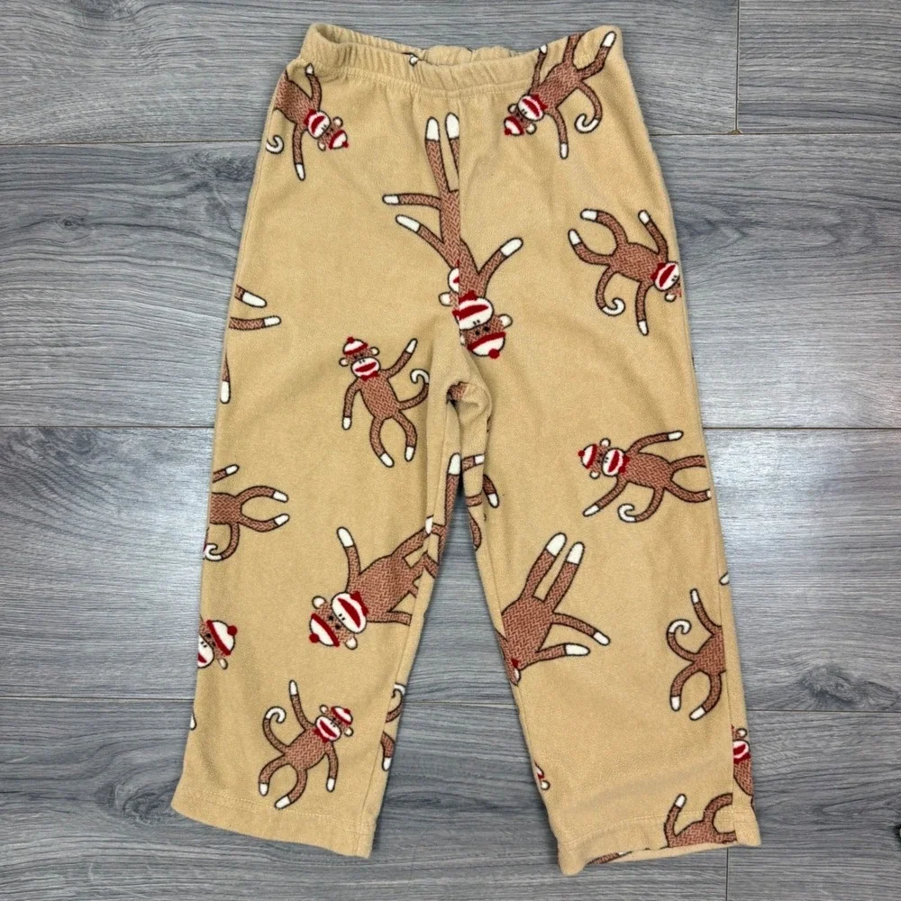 Sock Monkey Fleece Pajamas 4Y Tan Red Two Piece Set‎ Cozy Kids Sleepwear